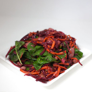Raw Veg Salad (Grated beetroot and carrot, mixed beans, baby spinach, french dressing and 2 koftas)